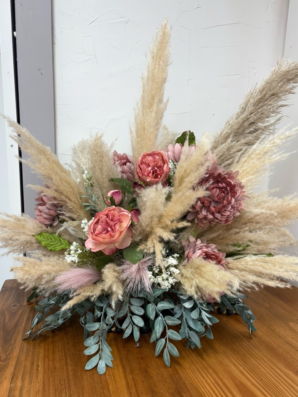 Pink Dried Pampas and Rose Floral Arrangement